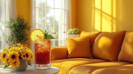 Sunny room, iced tea, and flowers