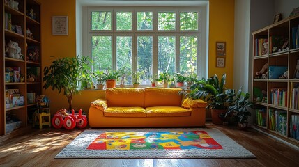Sunny room with orange couch, bookshelves, and toys
