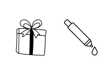 Hand drawn black and white illustration of a wrapped gift box and dropper icon