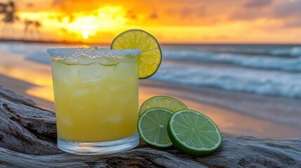 Sunrise cocktail on driftwood beach