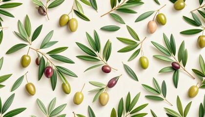 Elegant seamless pattern of fresh green olives and leaves photography
