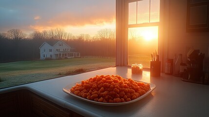 Sunrise through kitchen window, bowl of food