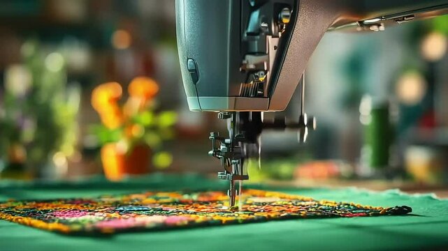 Sewing machine stitching patchwork quilt