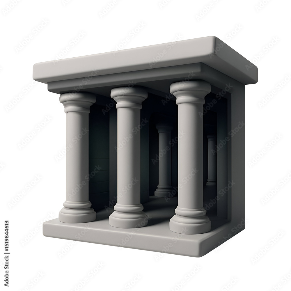 Poster a 3d rendering of a minimalist, classical-style structure with four columns and a simple roof, sugge