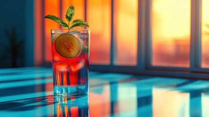 Sunset cocktail glass with mint and lemon slice