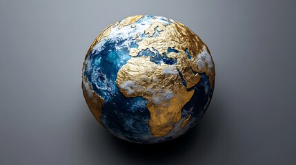 Golden Earth Globe with Blue Oceans Isolated on Gray Background