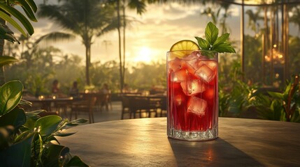 Sunset cocktail in tropical garden