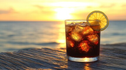 Sunset cocktail on wooden dock