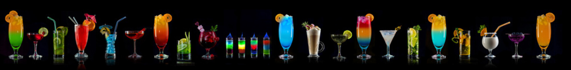 Set of coctails on bar counter in a restaurant, pub. Collection of fresh juice alcoholic drinks. Cooler beverage isolated on black background