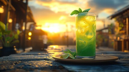 Sunset cocktail on rustic wooden table