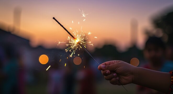 A hand holds a sparkler, its sparks flaring against a blurred sunset background