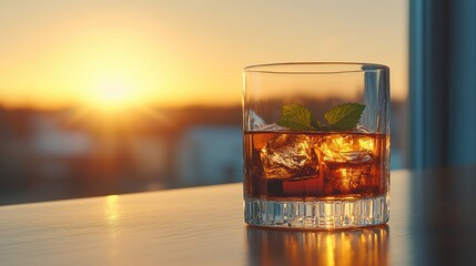 Sunset drink, amber liquid, ice cubes