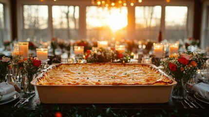 Sunset dinner party, lasagna centerpiece
