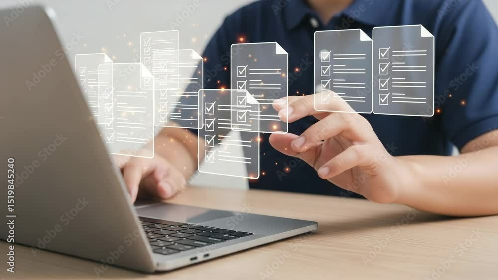 Poster Person typing on laptop with digital documents and checkmarks floating above the keyboard area