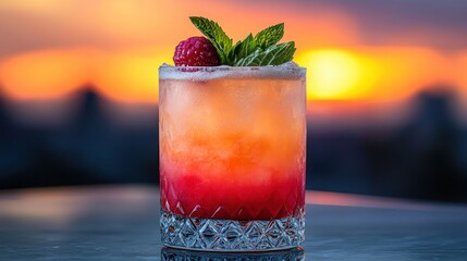 Sunset cocktail, vibrant colors, raspberry mint garnish