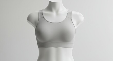 A light gray sports bra on a white mannequin