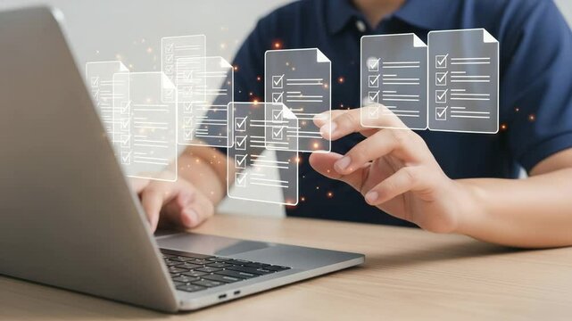 Person typing on laptop with digital documents and checkmarks floating above the keyboard area