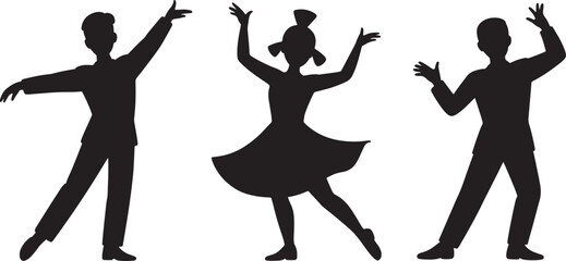 Silhouetted dancers in elegant attire performing choreographed dance on a white background
