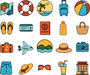 Set of 20 travel and vacation vector icons in flat style. Includes suitcases, airplane, map, passport, camera, tropical drink, and more. Editable and colorful format.