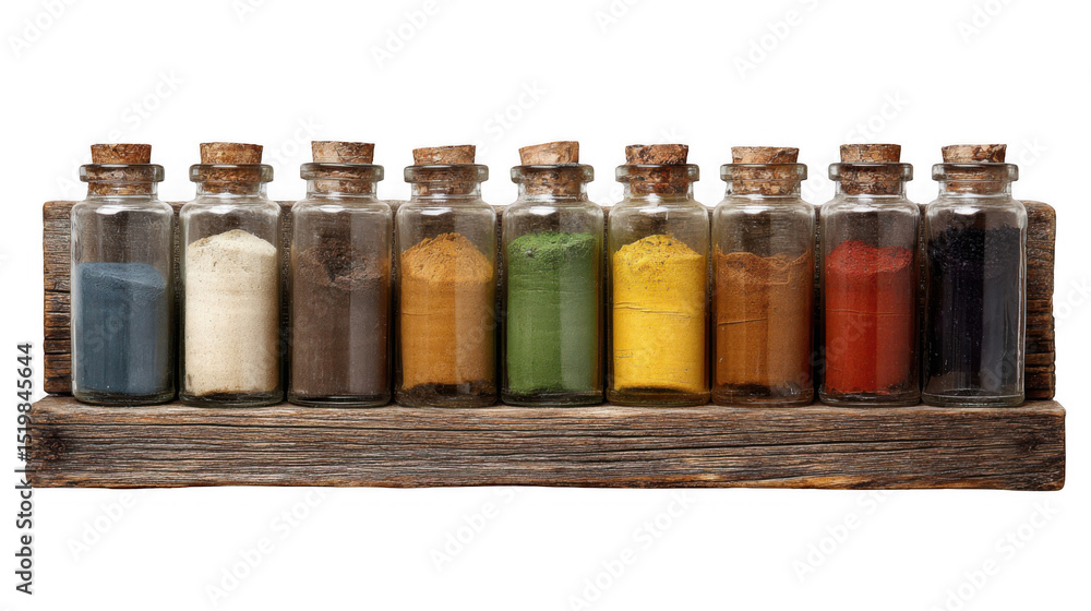 Poster eight glass jars filled with colorful powders sit on a rustic wooden shelf, set against a transparen