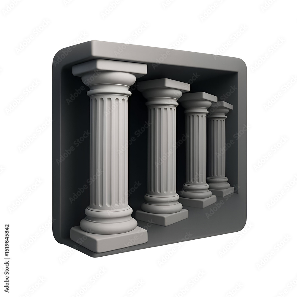 Poster three classical columns within a square frame, rendered in a minimalist 3d style