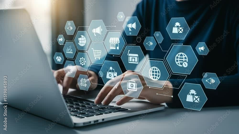 Poster Person typing on a laptop with digital marketing icons floating above the keyboard in a bright setting