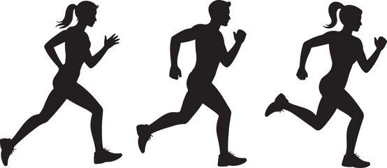 Silhouettes of runners in action depicting movement and healthy exercise on white background