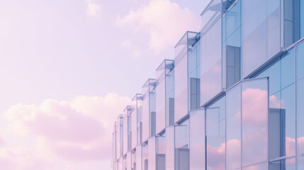 Modern glass building facade reflects soft clouds in pastel sky, creating serene and tranquil atmosphere