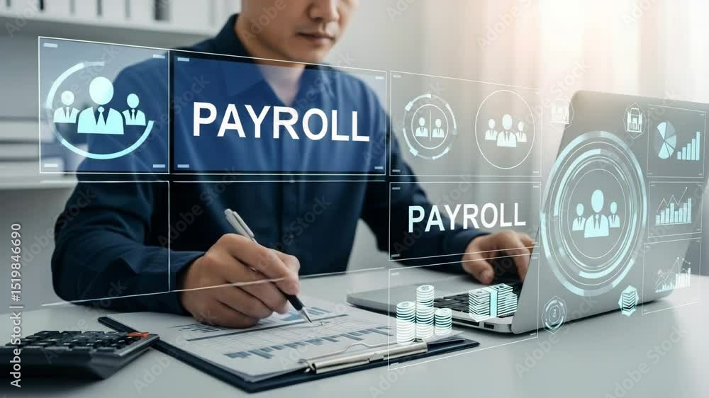 Poster man analyzing payroll data with pen, laptop, calculator and charts on a white office desk view