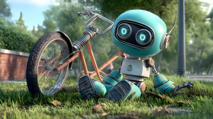 3d Cartoon of a clumsy robot learning to ride bicycle