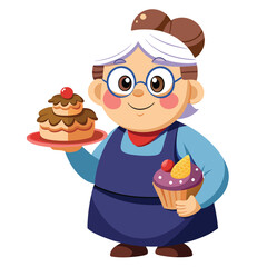 Cartoon grandma holding cake and cupcake illustration art