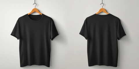 A High Resolution image of mockup of black t-shirt, front and back view, hangs on wooden hanger. Clothes template for design. Apparel advertising concept. Blank tshirt for branding.
