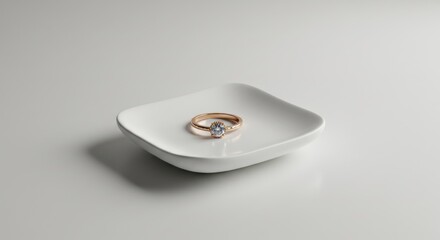 A rose gold ring, set with a clear gem, sits in a white square dish on a plain white surface
