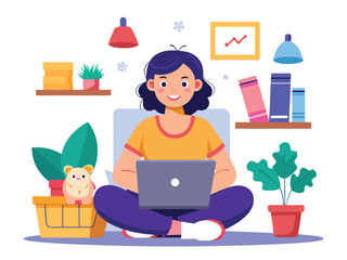 Woman working on laptop in cozy room with plants and decor