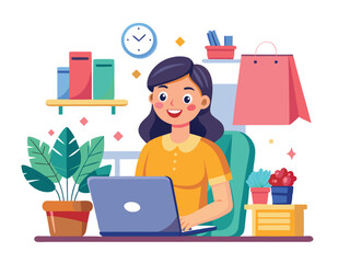 Woman working on laptop at desk with plants and shopping bag