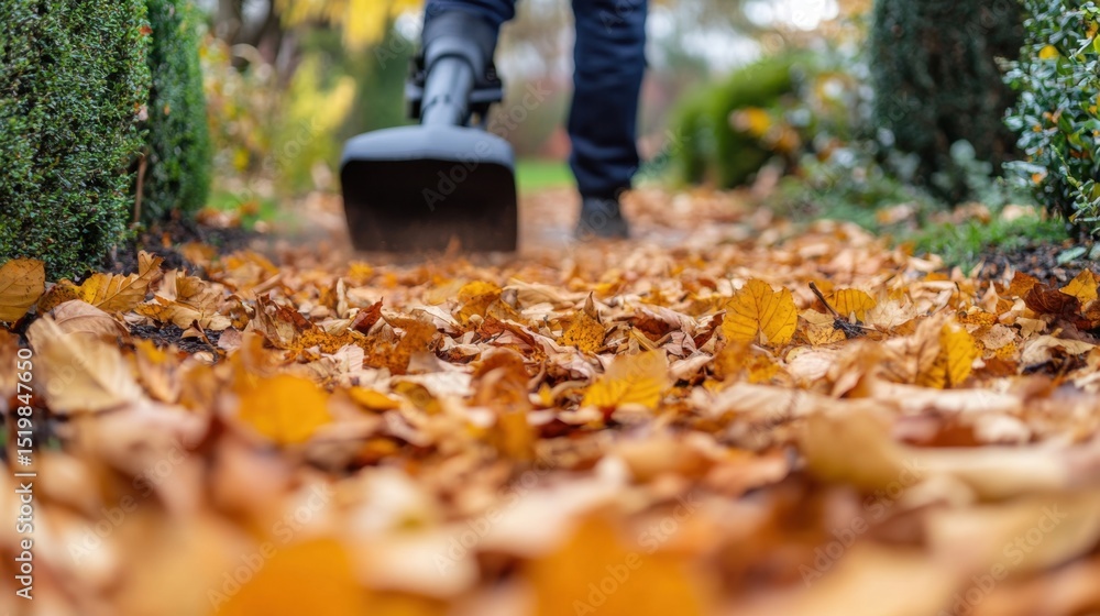 Poster a neatly maintained garden path being cleared of fallen leaves by a hardworking gardener using a lea