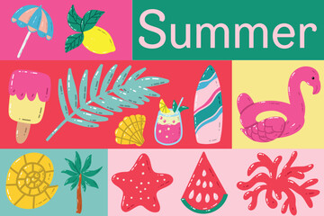Colorful Summer Graphic with Fun Icons and Vacation Themes. Vibrant and whimsical summer-themed graphic illustration featuring tropical and beach items such as ice cream, palm trees, a flamingo