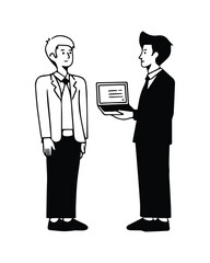 Two men discussing business, one showing laptop screen data vector illustartion.