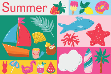 Colorful Summer Banner with Illustrations Featuring Beach, Sea, Fruits, and Leisure Activities. Vibrant illustration showcasing summer icons including fruits, beach elements, sea motifs, and leisure 