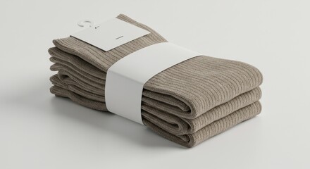 A stack of taupe ribbed socks, wrapped in white paper, sits on a light gray surface. A small white tag is attached