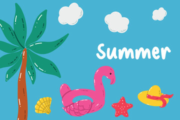 Cheerful Summer Illustration with Beach and Palm Tree Elements. Bright and joyful summer-themed illustration featuring a palm tree, beach elements, and playful designs, evoking vacation vibes.