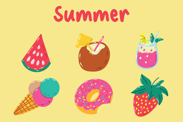 Hand-Drawn Summer Food and Drinks Illustrations on Yellow Background. Colorful hand-drawn illustrations celebrating summer with refreshing themes, featuring fruits, beverages, and sweets, evoking fun