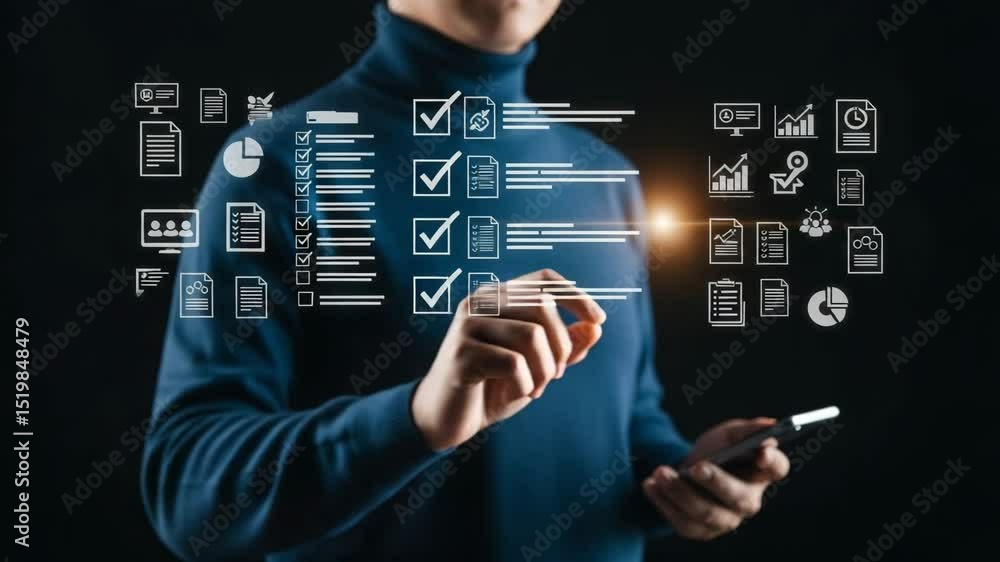 Poster Person in blue turtleneck interacting with digital checklist and data icons on black background