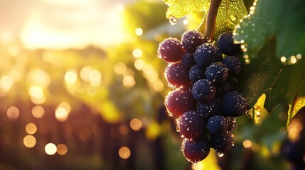 Purple grapes on vine at sunset
