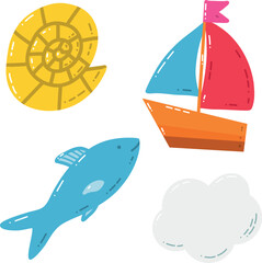 Colorful Nautical Illustrations Including Sailboat, Fish, Shell, and Cloud on a White Background. Playful nautical-themed illustrated elements featuring a sailboat, a fish, a shell, and a cloud