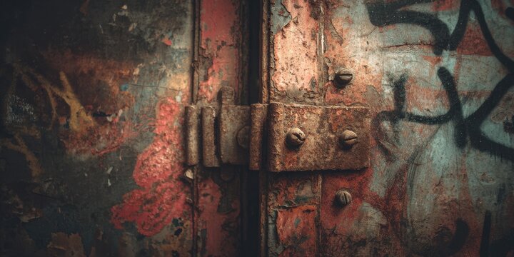 A High Resolution image of rusty metal door with graffiti in abandoned basement. Grunge texture, dirty room in dark colors. Weathered surface, old paint peeling on warn door with hinge.