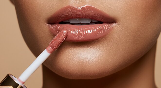 Woman applying lip gloss for make up tutorial, beauty marketing on neutral background