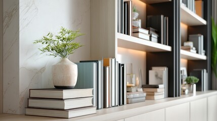 Fototapeta premium Minimalist bookshelf with stacked books and white ceramic vase. Sunlit modern home office corner with warm wood shelves. Calm focus and organized productivity. Ideal for workspace branding