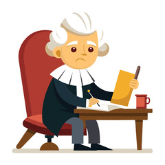 Cartoon judge writing at desk with book and coffee mug near