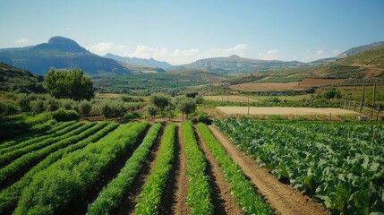 Serene Hillside Farm: Rows of Lush Crops Against Majestic Mountains